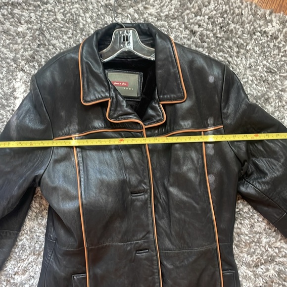 Black with Tan Trim Long Leather Jacket - Picture 10 of 14